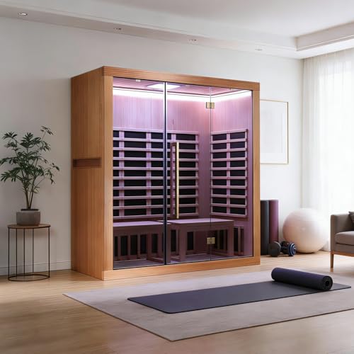 Image of Infrared Yoga Sauna,Low EMF,3-4 Person Sauna,Premium Wood,Indoor Sauna | 2365W /120V,15 Low EMF heating panels, 130℉, BT speaker, 7-color LED lights, ventilation system,tall yoga-friendly design