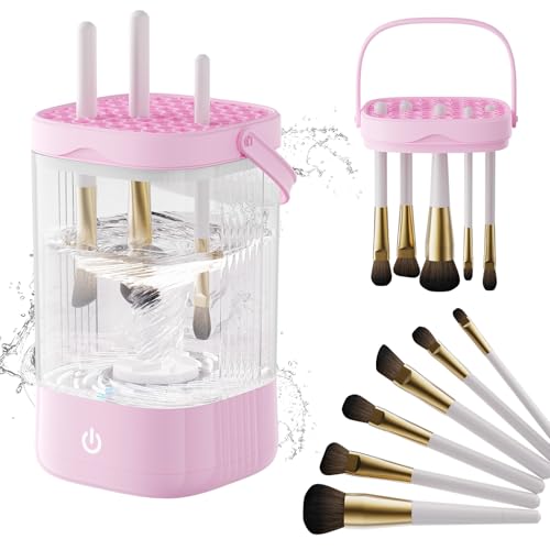 Makeup Brush Cleaner, Electric Makeup Brush Cleaner, Deep Cleansing Brush/Sponge, Compatible with Multiple Sizes (5-35mm), IPX7 Waterproof and Silent, Home/Travel Portable Cleaner Set (Pink)