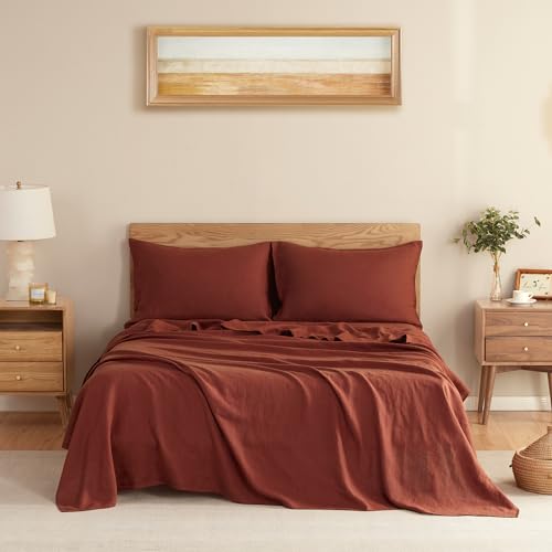 DAPU Pure Linen Sheets Set, 100% French Linen from Normandy, Breathable and Durable for Hot Sleepers, 3 Pcs Set - 1 Flat Sheet, 1 Fitted Sheet, 1 Pillowcase (Rust Red, Twin)