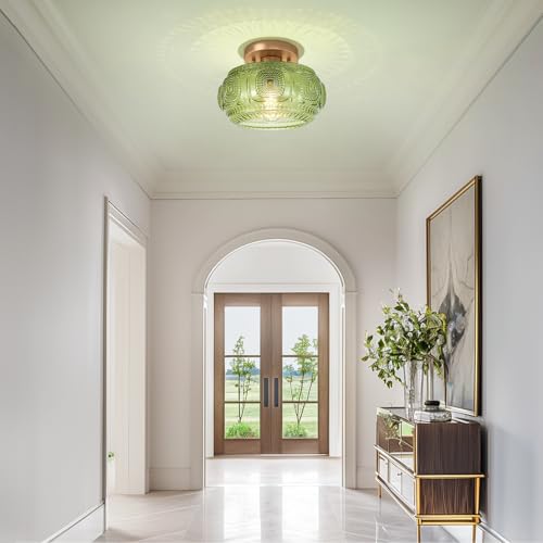Image of Art Deco Globe Glass Semi Flush Mount Ceiling Light Fixture, Green