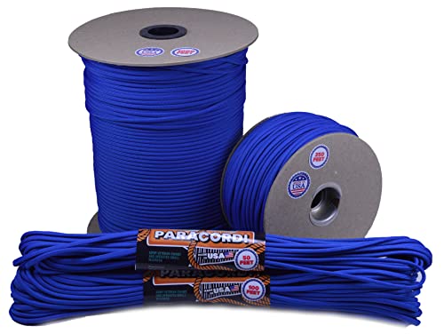 Bored Paracord - 1', 10', 25', 50', 100' Hanks & 250', 1000' Spools of Parachute 550 Cord Type III 7 Strand Paracord Well Over 300 Colors - Royal Blue - 100 Feet
