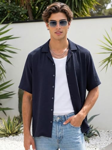 Image of Urbano Fashion Men's Cotton Half Sleeve Relaxed Fit Textured Shirt with Cuban Collar