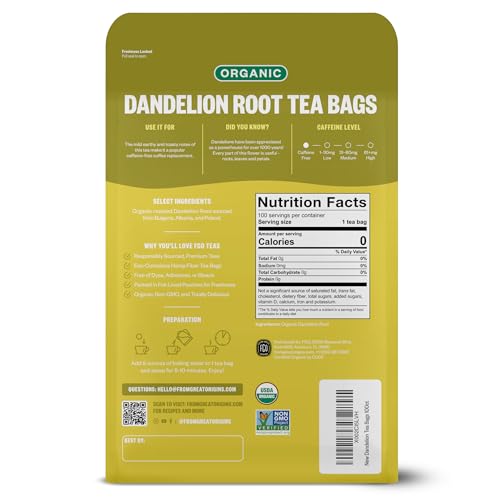 Image of FGO Organic Roasted Dandelion Root Tea, 100 Count, Eco-Conscious Tea Bags, Resealable Bag, Caffeine Free, Packaging May Vary (Pack of 1)