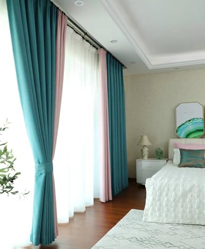 Mesnt Blackout Curtains Linen, Color Blocking Curtains for Living Room Darkening, Peacock Green Pink, 54W x 108L inch
