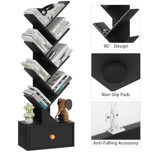 SHEEPAM 8-Tier Tree Bookshelf Floor Standing Storage Bookcase with Drawer - image 4