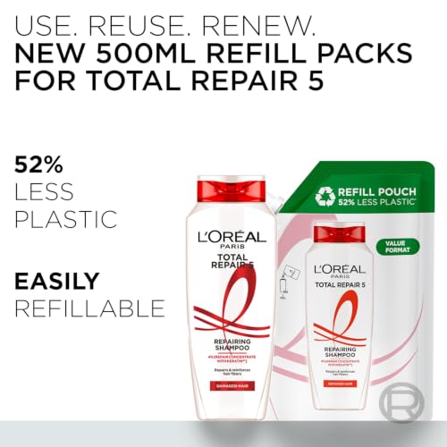 Image of L'Oreal Paris Total Repair 5 Repairing Shampoo Refill Pouch With Keratin XS For Damaged Hair, 500ml