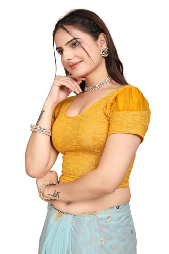 Image of SFT Women's Organza Patch Readymade Saree Blouse with Round Neck Half Sleeves Abstract Pattern Pull On Closure Regular Fit and Standard Length