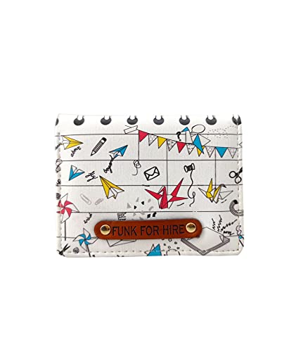 Image of Funk For Hire Unisex Vegan Leather Small Card Wallet White Mini Bifold Slim Wallet with 6 Card Slots, Coin Zipper Pouch and Cash Compartment Lightweight Compact Wallet