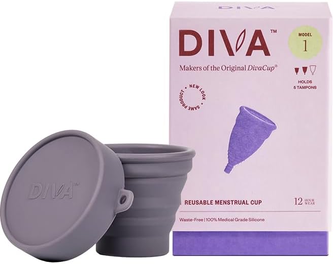 Diva Cup & Shaker - Medical Grade Silicone Cup for Period Care - Reusable Menstrual Cup with Shaker for On-The-Go Cleansing - Wear Up to 12 Hours - Model 1 (for Medium to Heavy Flow)