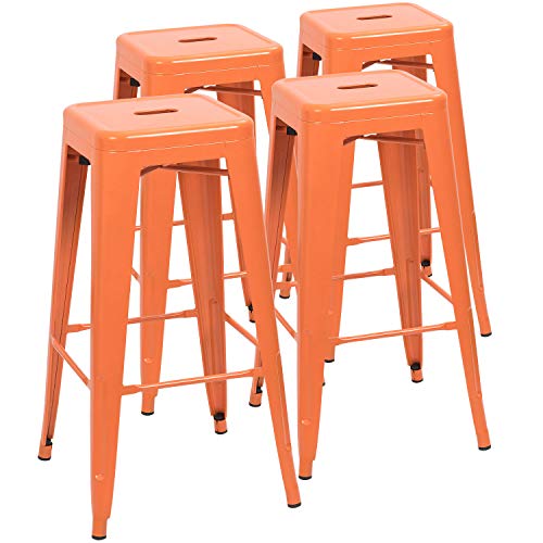 Image of Devoko Metal Bar Stools 30 inch Indoor Outdoor Stackable Barstools Modern Style Industrial Vintage Counter Bar Stools Set of 4 (30 inch, Orange)