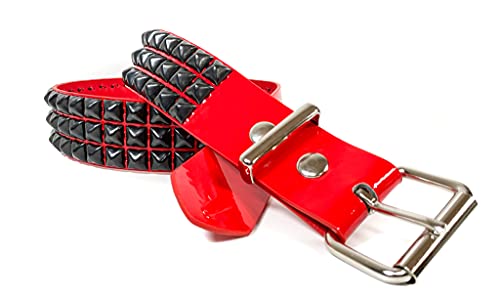 Patent Red Three Row Black Pyramid Stud Belt Vegan Leather Punk Goth Alternative USA Made4