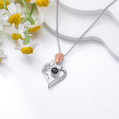 SOULMEET Personalized White Gold/Silver 100 Languages I Love You Projection Necklace Custom Picture Projection Pendant Gifts for Women Mom Wife on Christmas Valentine Mothers Day3