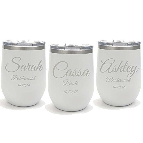 Product Image of the Bridal Party 12 ounce Wine Cup in Set of 2 to 20 made of Stainless Steel Custom Engraved with a Clear Lid including Choices of Color, Text, Straw, Thank You Message and Spill Proof Slide Lid