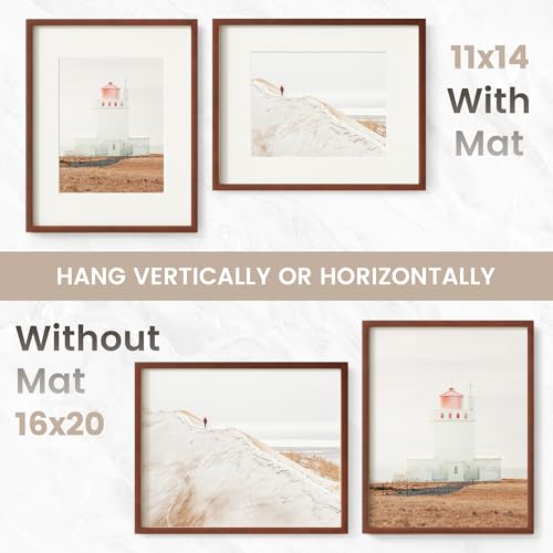 Image of 16 x 20 Picture Frame, USA-Sourced Natural Mahogany Wood Photo Collage Frame with HD Tempered Glass, Modern Simple 16x20 Wooden Frame Matted to 11x14, Vertical & Horizontal Wall Hanging Display