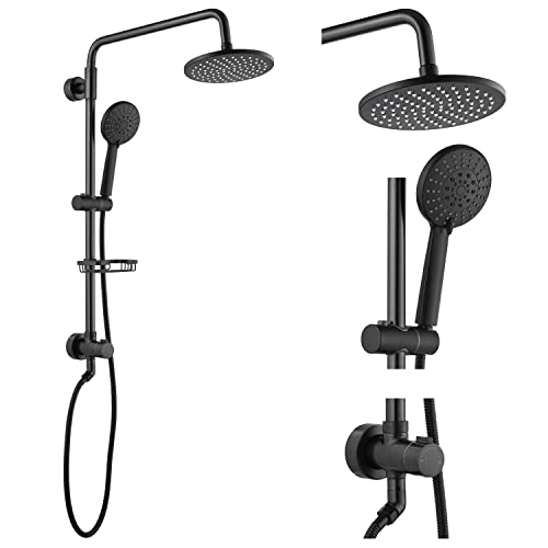 Airuida Rain Shower System Oil Rubbed Bronze Brass Retrofit Wall Mount ABS Five Functions Hand Sprayer 8 Inch Rain Shower Head Adjustable Slide Bar Shower Combo Set Soap Dish