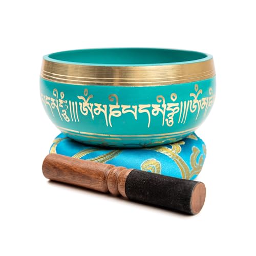 Image of Tibetan Singing Bowl Set - 4 inch Easy To Play Authentic Handmade For Meditation Sound 7 Chakra Healing By HIMALAYAN BAZAAR (Turquoise Blue, 4 inch)