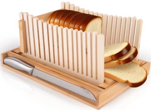 Bamboo Bread Slicer with Knife for Homemade Bread - Adjustable bread Slicing Guides, Foldable Compact Loaf Cutting Guide with Crumb Tray, Stainless Steel Bread Knife for Homemade Bread