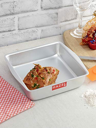Image of HAZEL Square Cake Mould Tin | Aluminium Cake Pan for Microwave Convection & OTG Oven | 800ml Baking Tray Cake Making Tool