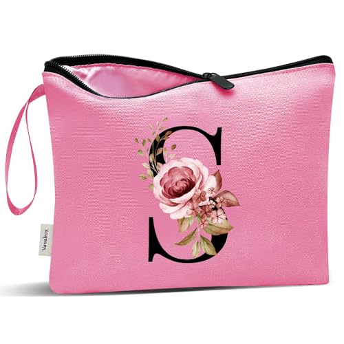 Image of Vavabox A-Z Personalized Makeup Bag, Birthday Gifts for Women Mom, Gifts for Best Friend, Bride Bridesmaid Cosmetic bag (S, Peach)
