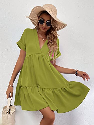 Image of WDIRARA Women's Roll Up Short Sleeve V Neck Ruffle Hem Solid Swing Smock Dress