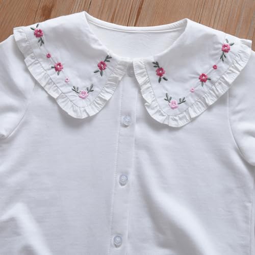 Girls Peter Pan Collar Blouse, White Long Sleeve Button Down Shirt with Floral Embroidery, Ruffle Trim3