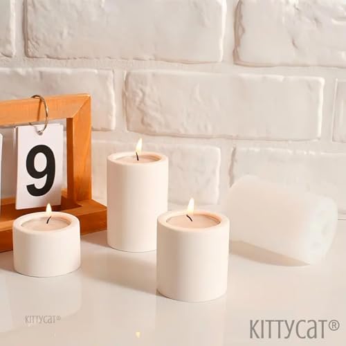 Image of Kitty Cat Aesthetic Tealight Candle Holder Set of 3 | Handmade White Concrete Candle Stand | Minimal Scandinavian Home Decor | Desk & Table Accent for Festivals, Cafes & Bedrooms