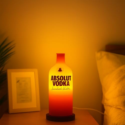 Image of KAVI Handmade Upcycled Vodka Bottle LED Lamp with Wooden Base - Decorative Lighting for Home & Bar (Orange)