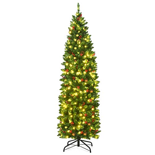 Goplus 6.5FT Pre-Lit Pencil Christmas Tree with 250 LED Lights, Hinged Artificial Slim Xmas Tree w/ 806 Branch Tips, Premium PVC Needles (6.5FT)