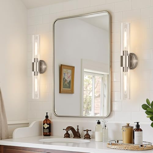 Image of Wall Sconces Set of Two, Brushed Nickel Bathroom Sconces Wall Lighting with Clear Glass, Hardwired Modern Sconces Wall Decor Set of 2 for Bathroom Mirror Bedroom Living Room Hallway