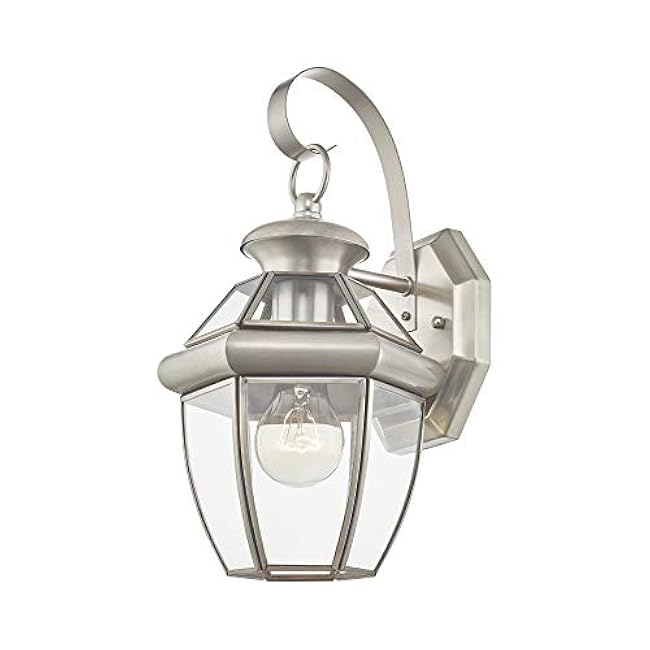 Livex Lighting 2051-91 Monterey 1 Light Outdoor Brushed Nickel Finish Solid Brass Wall Lantern with Clear Beveled Glass