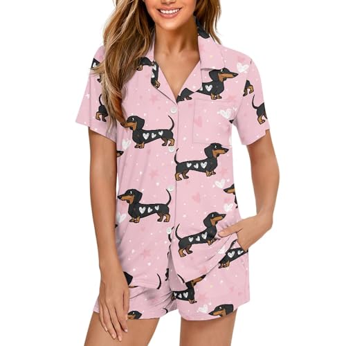 Image of Pjs Womens Short Sleeve Button Down Pajamas Set Two-Piece Nightwear with Pockets