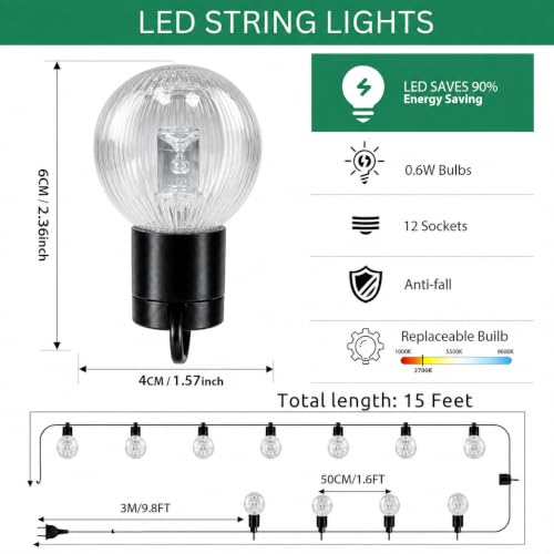 Image of One94Store Ribbed Globe Warm White LED String Lights 5M | 12 Waterproof Decorative Hanging Bulbs | Outdoor & Indoor String Lights for Balcony, Garden, Patio, Backyard, Wedding & Home Decor