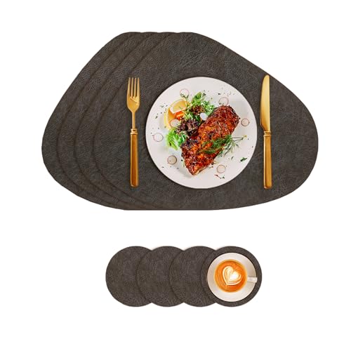 Tovagliette in Ecopelle e Sottobicchieri, Tovagliette Lavabili Bifacciali Antiscivolo Rotonde, Sottobicchieri in Pelle, l'isolamento Protegge il Tavolo (Caffè-Nero)