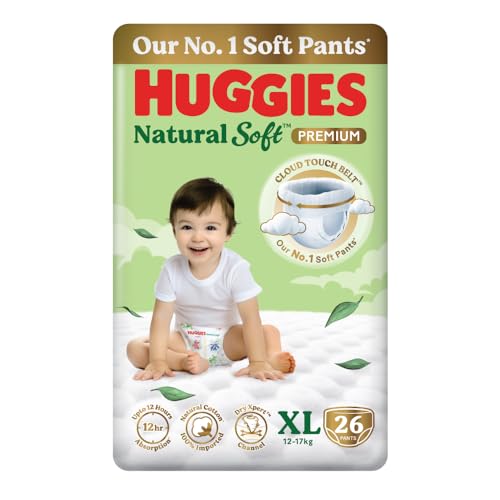 Image of Huggies Natural Soft Premium Baby Diaper Pants, Our No.1 Soft Pants, Extra Large (XL) Size (12-17 Kgs), Pack of 26 diapers | Cloud Softness All over with India's 1st Cloud Touch BeltTM