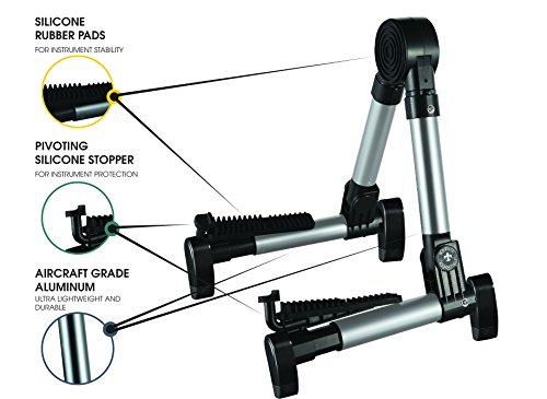 Guitar Stand for Acoustic/Electric/Classical Guitars and Violin, Ukulele, Bass, Banjo, Mandolin -Folding, Portable & Lightweight- Fits Gibson/Fender/Taylor/Yamaha (Metallic Silver)