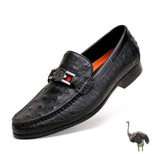GOLDEN COXES FAMILY Formal Mens Leather Dress Shoes, Classic Ostrich Pattern Slip On Buckle Loafers Business Shoes Party Wedding Leather Loafers for Mens, Black, 7
