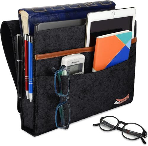 Tasca portaoggetti da comodino, antiscivolo, con gancio e anello e cinghie per orologi, per sponde del letto, divano, letto a castello, portaoggetti in feltro (nero)