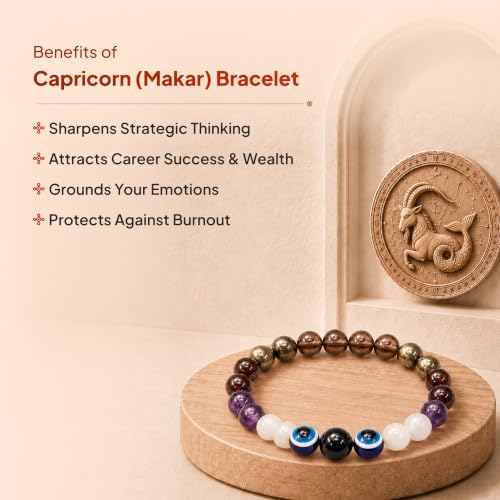 Image of Makar (Capricorn) Rashi Bracelet | Smoky Quartz, Pyrite, Garnet, Amethyst, Moonstone, Evil Eye | For resilience & Ambition | Strengthen Focus & Strategic Planning | For Men & Women