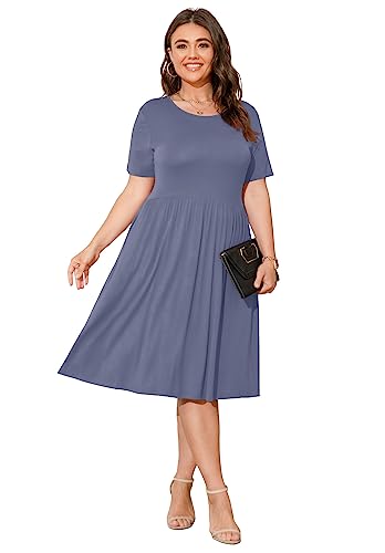 Image of POSESHE Womens Plus Size Summer Dress 2026 Casual Short Sleeve Empire Waist Loose Fit Swing T-Shirt Dress with Pockets
