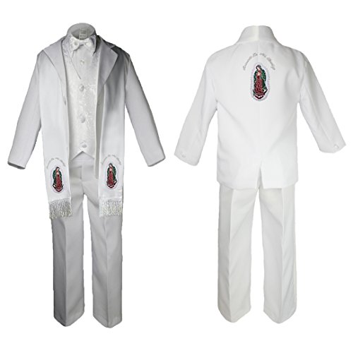 Image of Baby Boy Christening Paisley Suit Silver Guadalupe Maria on Stole & Back SM-20