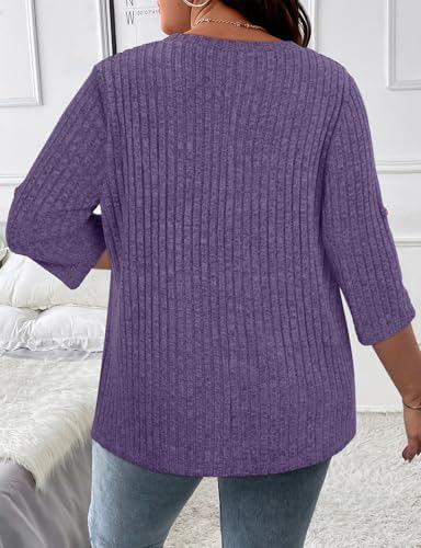 Image of Koscacy Women Plus Size V Neck 3 /4 Roll Sleeve Sweater Casual Knit Tops Solid Color Blouses