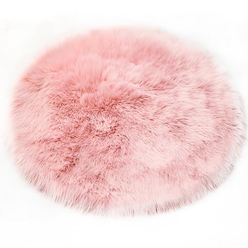 wykikon フェイクファー シープスキン シャギー ラグ カーペット 円型 カバー シート クッション パッド ソファマット 人工ウール エリア ラグ ふわふわ フロア マットリビング ソファ用 オフィス用 ホームデコレーション 絨毯 ムートンラグ 撮影用 洗える (ピンク,直径40cm)
