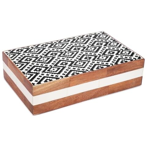 Lahumzco Handmade Black Ethnic Geometric Pattern Hand Painting Box Collection Storage Organizer Decorative Multipurpose Keepsake Jewelry Gift Wooden Box (8x5x2 inches) Cover