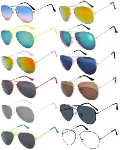 OWL 12 Pcs Aviator Sunglasses Mirrored and Tinted Lens with Assorted Color Frames