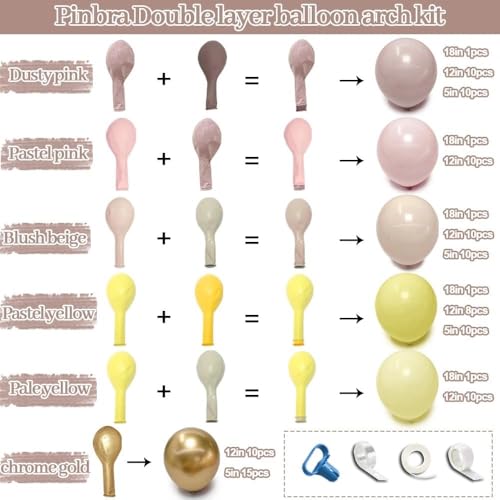 Image of Dusty Pink Yellow Balloon Arch, Double Stuffed Mauve Blush Cream White Gold Balloon Garland Kit for Boho Baby Shower Birthday Bridal Wedding Bee Lemon Graduation Party Decorations