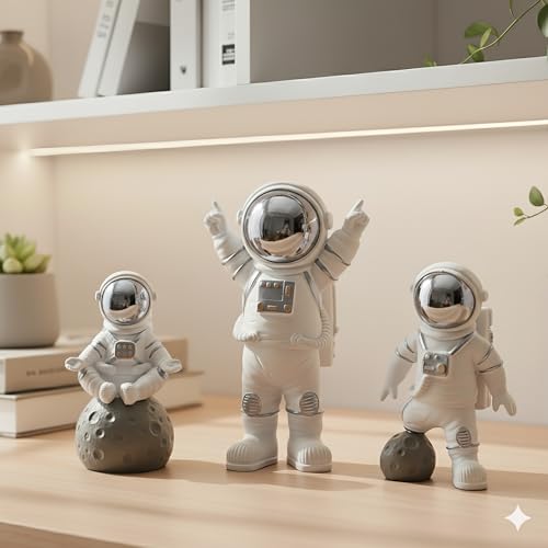 Image of REWOP Astronaut Figurine Set of 3 - Cute Space Theme Desk Decor, Moon Surface Resin Statues for Home, Office, Car Dashboard, Gift for Kids & Space Lovers (Silver)