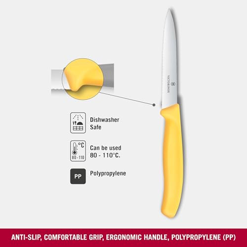 Image of Victorinox Swiss Made Stainless Steel Swiss Classic Paring Knife, 10 cm, Serrated Edge with Pointed Tip, Professional and Household Kitchen Tools, Kitchen Items, Yellow, 6.7738.C1 | Multipurpose Knife