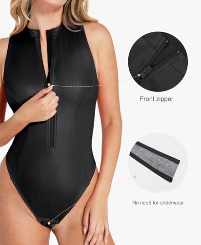 Popilush Leather Bodysuit for Women Tummy Control Shapewear Mock Turtleneck Thong Body Suits Zip Up Corset Top4