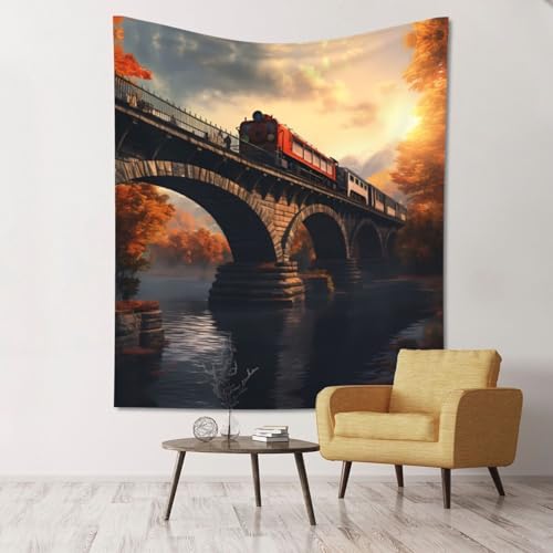 WZYWHJ Tapiz decorativo de pared con diseño de trenes en el puente de 60 x 51 pulgadas, suave, duradero, ligero para decoración de dormitorio y dormitorio