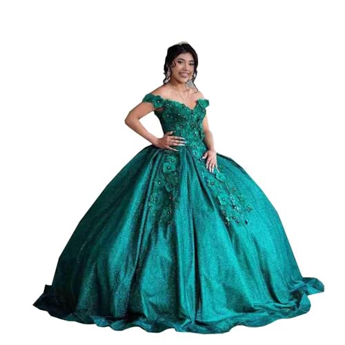 Quinceanera Dresses Glitter Sequined Ball Gown with 3D Lace Flowers Off The Shoulder V Neck Prom Sweet 16 Dresses